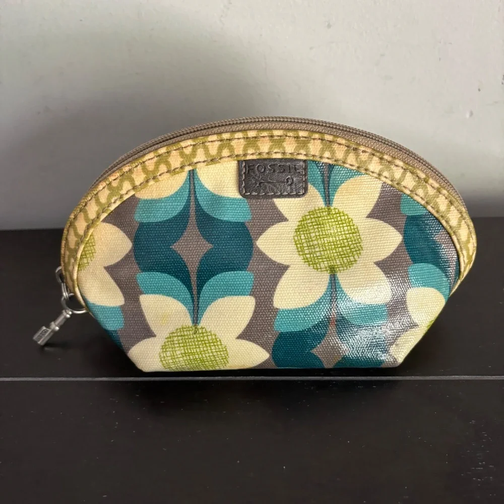 Fossil Key-Per | Retro Floral Coated Canvas Cosmetic Makeup Bag | Teal Green